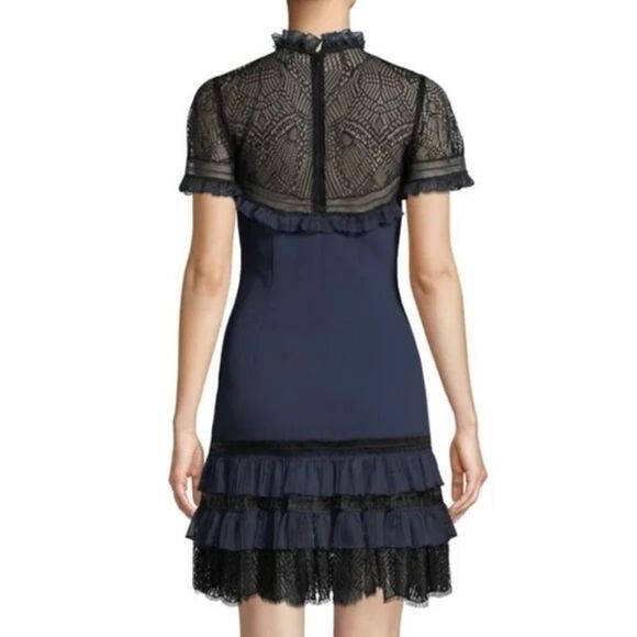 JONATHAN SIMKHAI Plisse Lace Illusion Mock Neck Dress in Blue Size XS - Picture 2 of 8